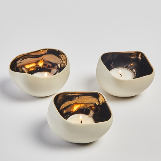 TRIO BRONZE | Set of 3 candle holders in ceramic Beige et Bronze