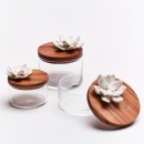 LOTUS M | Transparent glass and wood box decorated with a porcelain flower