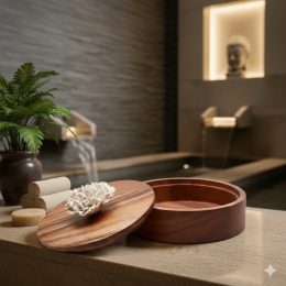 THUAN | Boîte décorative en bois d'acacia ornée d'une fleur en céramique