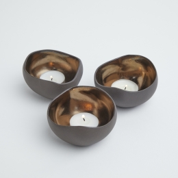 TRIO BRASS | Set 3 bougeoirs en céramique Beige et Bronze