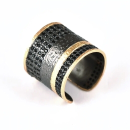 LARGE ADJUSTABLE RING | Hammered Oxidized Brass & Zirconium Inlays